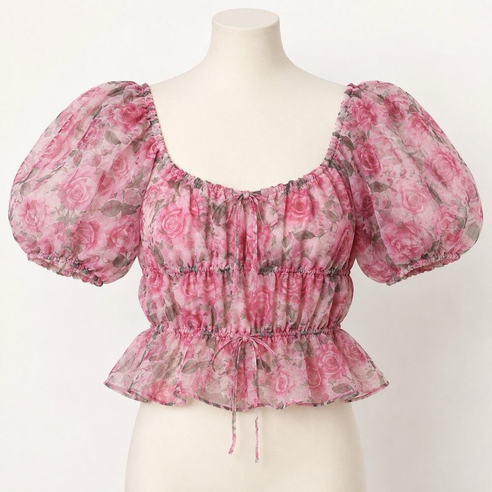 Joie Floral Crop Top Pink Rose Print Puff Sleeve Peplum Romantic Cottage L